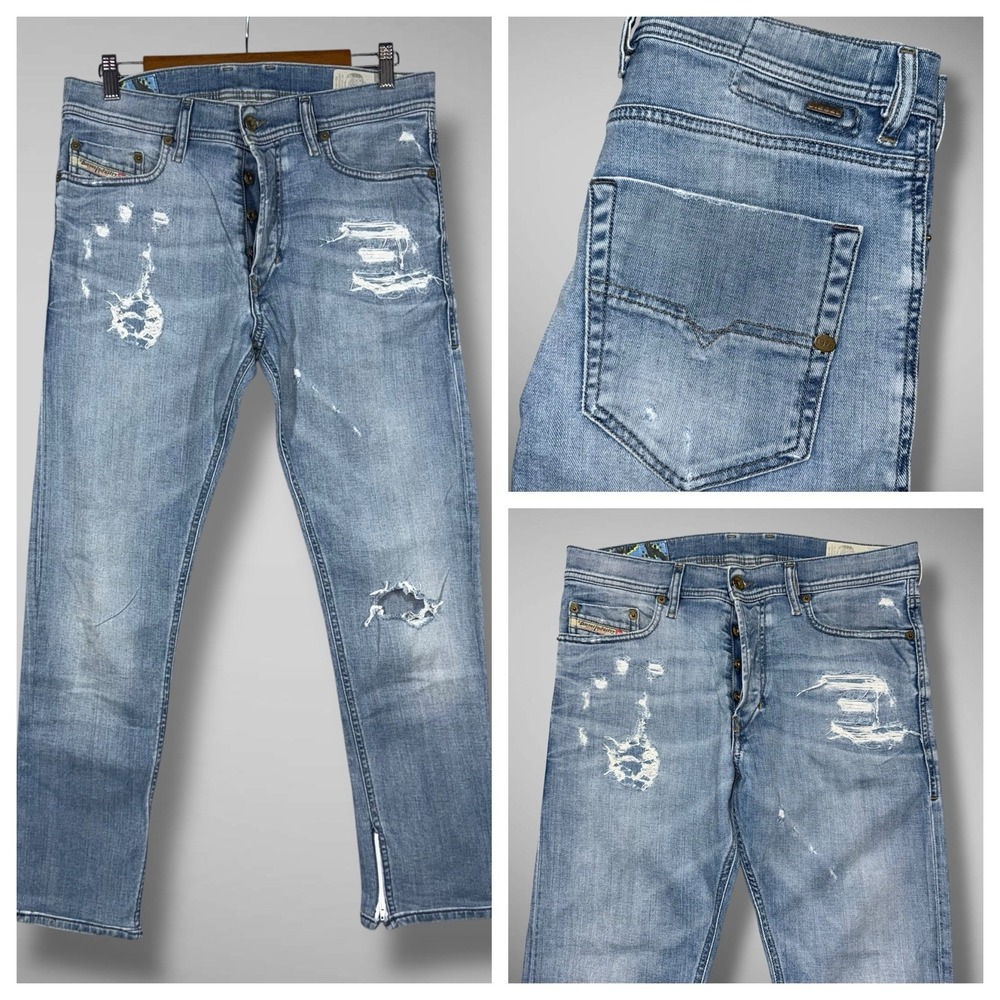 Diesel Tepphar Jeans Men 29x27 Slim Carrot Distressed Blue Wash‎ Zip Hem